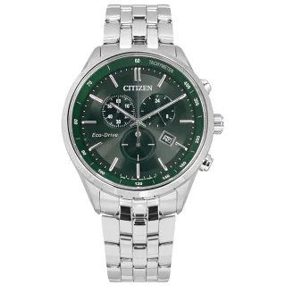 【CITIZEN 星辰】光動能 三眼計時 日期 藍寶石水晶玻璃 防水100米 不鏽鋼手錶 綠色 42mm(AT2149-85X)