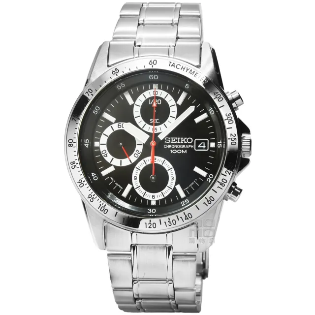 【SEIKO 精工】精工三眼計時賽車鋼帶錶 -黑(SND371P1)
