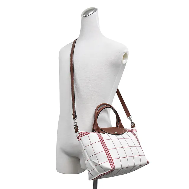 【LONGCHAMP】LONGCHAMP LE PLIAGE TORCHON壓印LOGO格紋設計棉布短把拉鍊斜背包(白x紅)