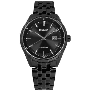 【CITIZEN 星辰】光動能 簡約時尚 日期 藍寶石水晶玻璃 防水100米 不鏽鋼手錶 鍍黑 41mm(BM7565-80E)