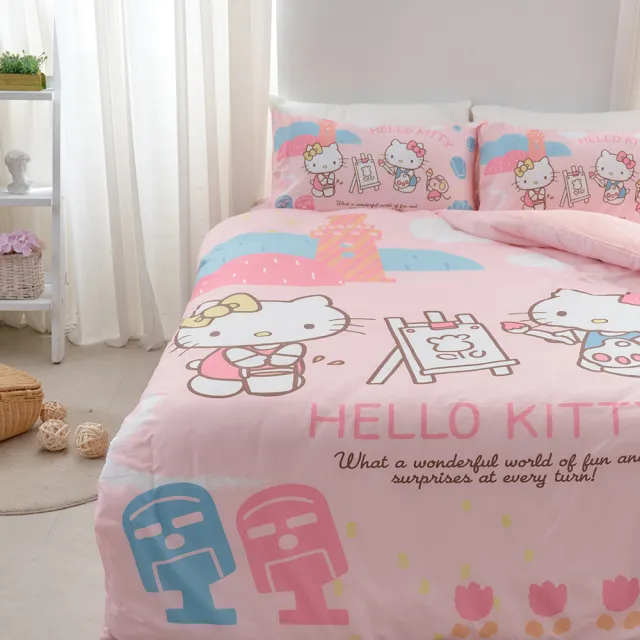 【戀家小舖】MIT卡通正版授權55%天絲床包枕套組-Hello Kitty 風景繪(單人)