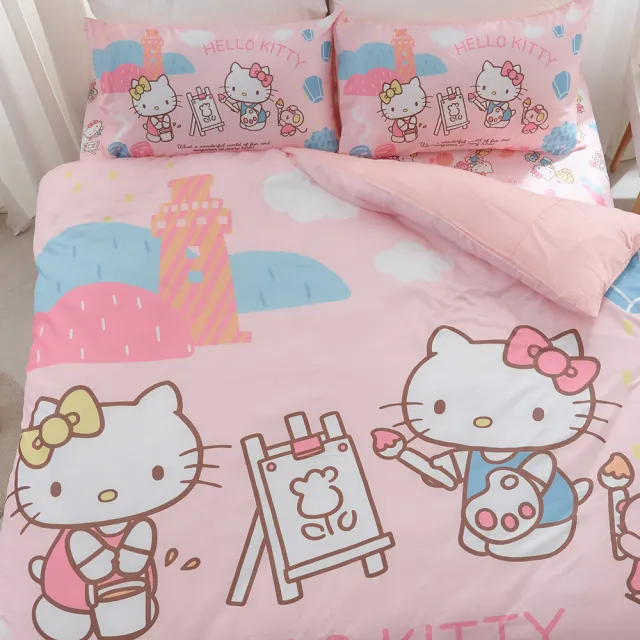 【戀家小舖】MIT卡通正版授權55%天絲床包枕套組-Hello Kitty 風景繪(單人)