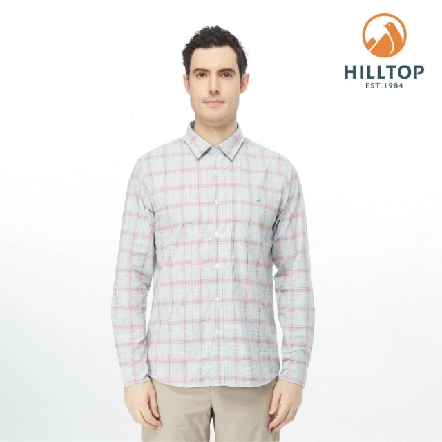 【Hilltop 山頂鳥】男款吸濕快乾抗UV彈性經典小格紋長袖襯衫 PS05XM68 藍格