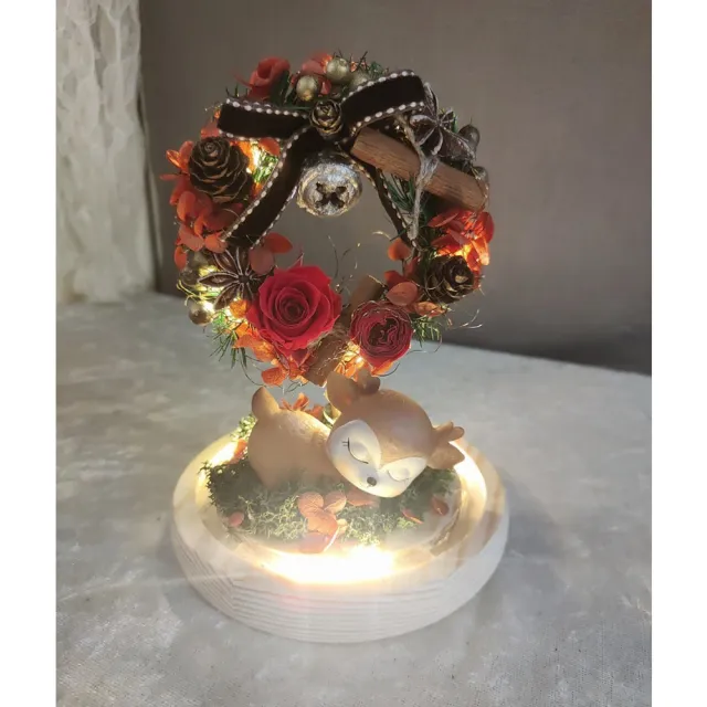 【OSTARA FLORIST 奧斯塔拉花藝】麋鹿永生花罩盅(永生玫瑰花、永生配材、聖誕節)