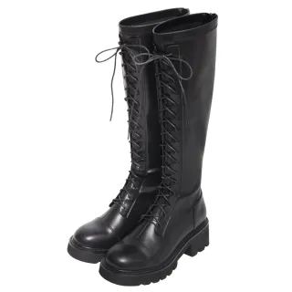 【Ann’S】ANNSTAR 丹妮婊姐聯名-塑身衣效果彈力皮革假綁帶造型及膝長靴5.5cm(黑)