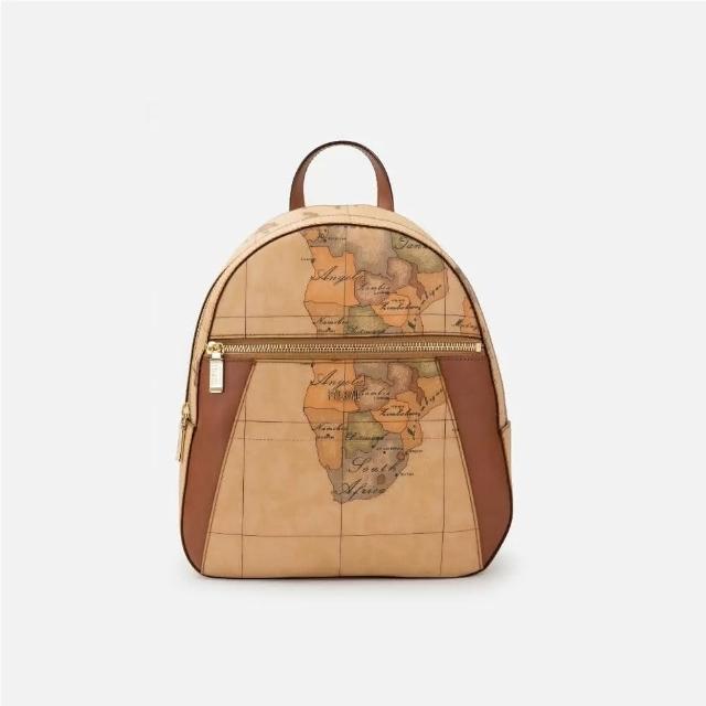 【Alviero Martini】義大利地圖包 皮革拉鍊後背包(地圖黃)