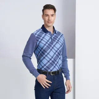【pierre cardin 皮爾卡登】商務休閒 雙面緹花格紋長袖polo衫-藍色(5225206-36)