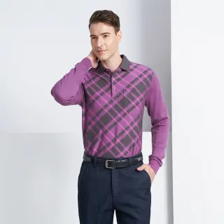 【pierre cardin 皮爾卡登】商務休閒 雙面緹花格紋長袖polo衫-紫色(5225206-96)