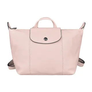 【LONGCHAMP】LONGCHAMP LE PLIAGE CUIR壓印LOGO梅蒂斯羊皮拉鍊後背包(展示品/粉)