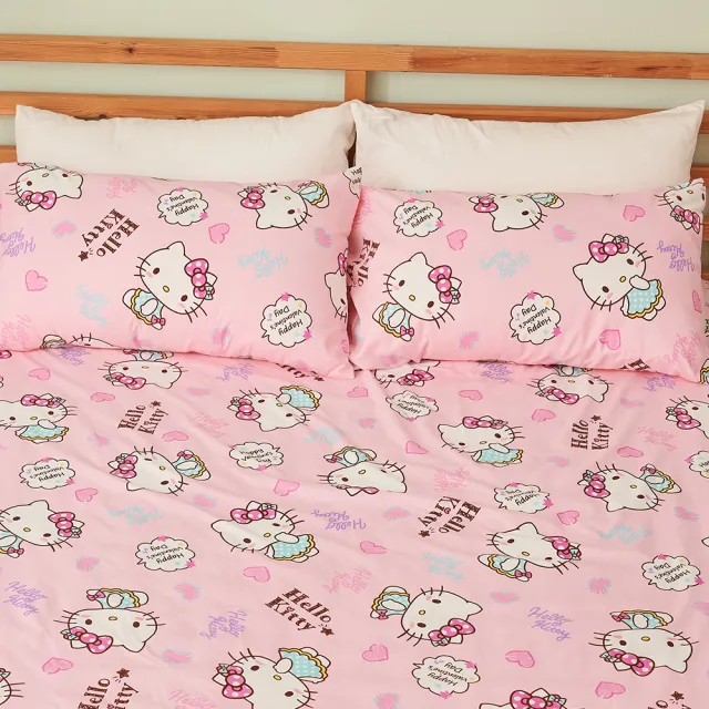 【戀家小舖】台灣製-正版卡通授權組枕套兩用被床包四件組-雙人(HELLO KITTY 戀愛達人)