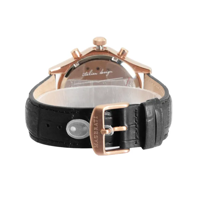 【MASERATI 瑪莎拉蒂】CIRCUITO系列 玫瑰金框 黑面 黑色皮革錶帶 兩眼計時手錶 男錶 情人節(R8871627001)