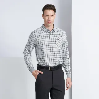 【pierre cardin 皮爾卡登】商務休閒 男款仿棉雙面緹花格子長袖polo衫-灰白色(5225204-90)