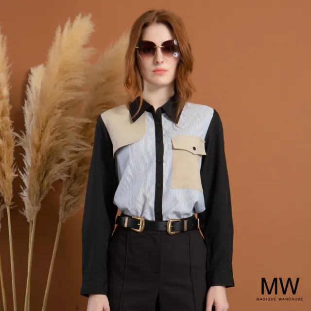 【MAGIQUE WARDROBE】個性造型拼接條紋長袖襯衫(2色)