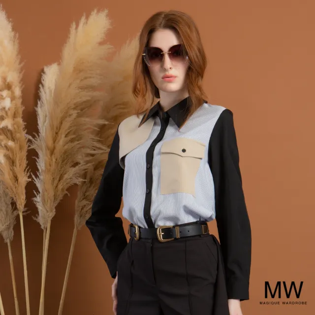 【MAGIQUE WARDROBE】個性造型拼接條紋長袖襯衫(2色)