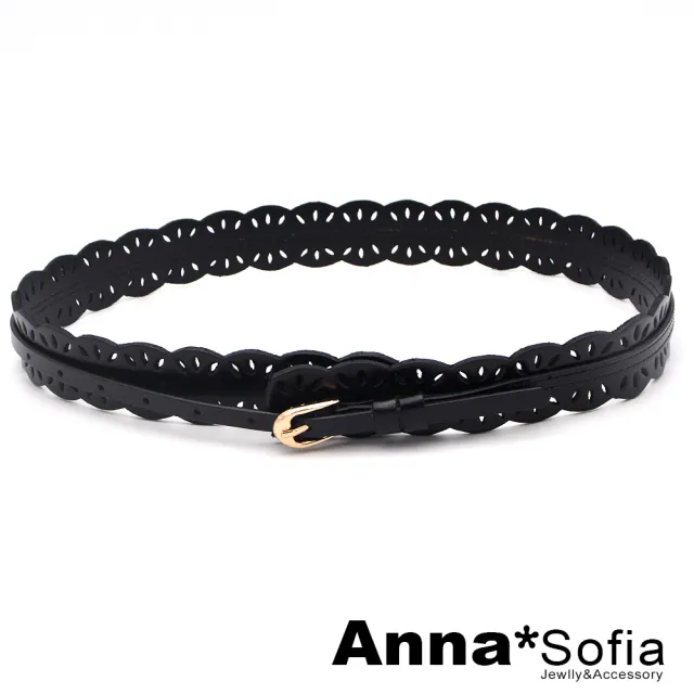 【AnnaSofia】二層牛皮真皮腰帶皮帶腰封-雕鏤波邊 現貨(黑系)
