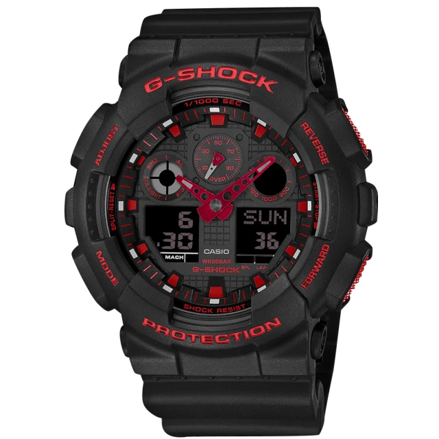 CASIO 卡西歐 G-SHOCK 經典紅黑 雙顯 計時碼錶 防水200米 運動衝浪 橡膠手錶 黑色 51mm(GA-100BNR-1A)