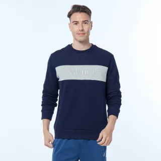 【NAUTICA】男裝 品牌文字LOGO刺繡拼接大學T(深藍)