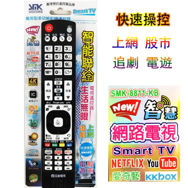 【SMK】萬用型 智慧連網電視遙控器(android 電視遙控器 智慧型電視 開機率99%)