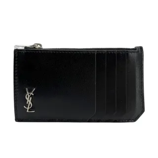 【YSL】品牌銀 logo牛皮零錢卡包(629899-黑)