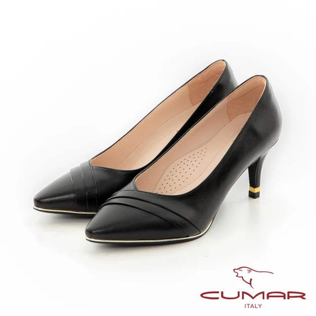 【CUMAR】桃口壓褶金屬沿條高跟鞋(黑色)