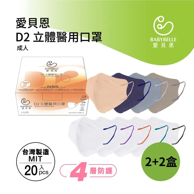 【BABYBELLE 愛貝恩】MIT成人D2立體醫用口罩任選4盒-20片/盒