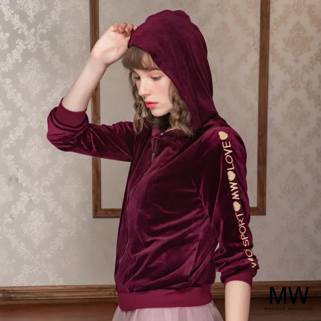 【MAGIQUE WARDROBE】絨布蕾絲拼接連帽電繡外套(2色)
