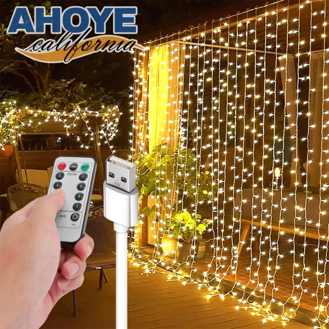 【AHOYE】防水LED窗簾燈串 暖光3米*3米300燈 USB供電(戶外燈條 燈飾)