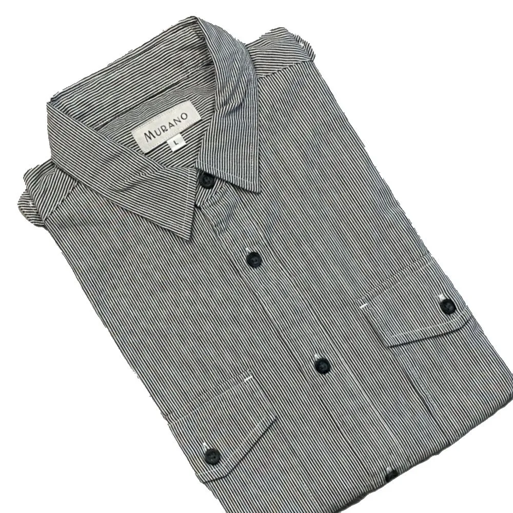 【MURANO】雙口袋水洗七分袖襯衫-灰黑條紋(現貨、雙口袋、水洗、七分袖、 條紋)