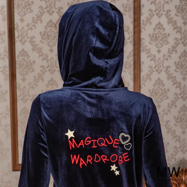 【MAGIQUE WARDROBE】絨布蕾絲拼接連帽電繡洋裝(2色)