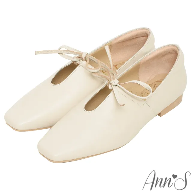 【Ann’S】超柔軟綿羊皮-芭蕾蝴蝶結2.0顯瘦小方頭平底便鞋(米白)