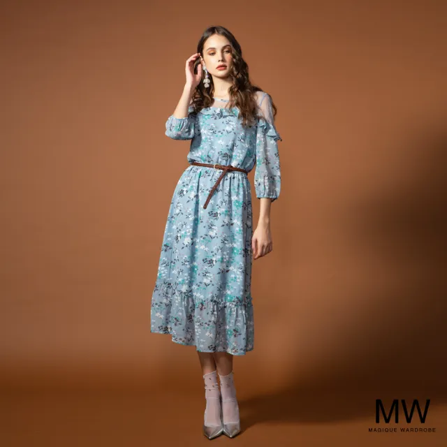 【MAGIQUE WARDROBE】繡花網布拼接荷葉雪紡洋裝(中藍粉)