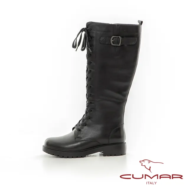【CUMAR】輕量化扣環裝飾綁帶長靴(黑色)