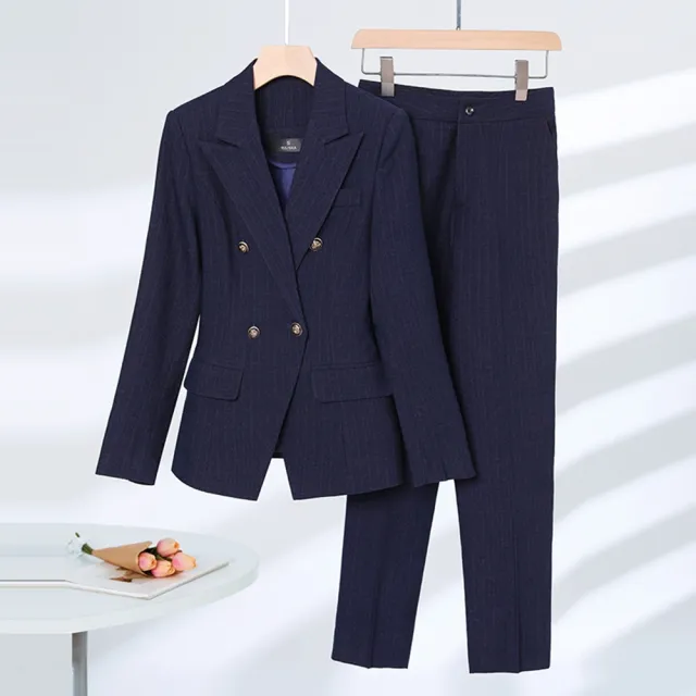【米蘭精品】現貨+預購 西裝套裝兩件套(修身條紋外套長褲女職業西裝2色74ct25)