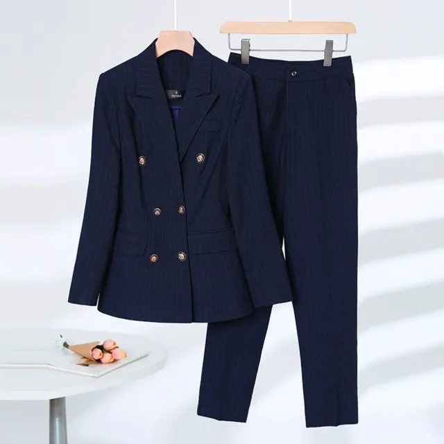 【米蘭精品】現貨+預購 西裝套裝兩件套(條紋雙排扣外套長褲女職業西裝2色74ct23)