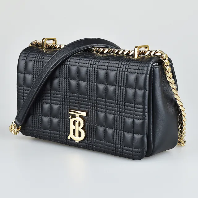 【BURBERRY 巴寶莉】LOLA經典TB格紋羔羊皮鏈帶斜背包(小/黑)
