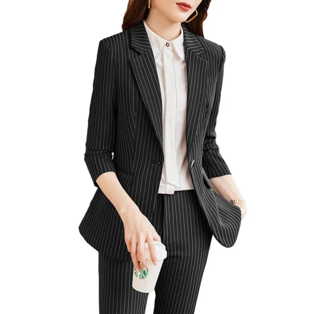 【米蘭精品】現貨+預購 西裝套裝兩件套(條紋外套修身長褲女職業西裝3色74ct21)