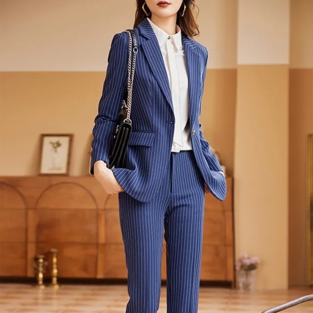 【米蘭精品】現貨+預購 西裝套裝兩件套(條紋外套修身長褲女職業西裝3色74ct21)