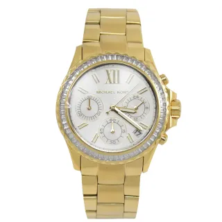 【Michael Kors】經典LOGO三眼水晶鑲鑽不鏽鋼時尚腕錶(金 35mm)