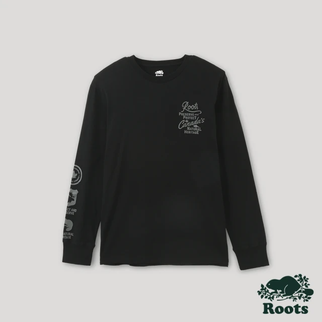 【Roots】Roots 男裝- 曠野之息系列 文字設計有機棉長袖T恤(黑色)