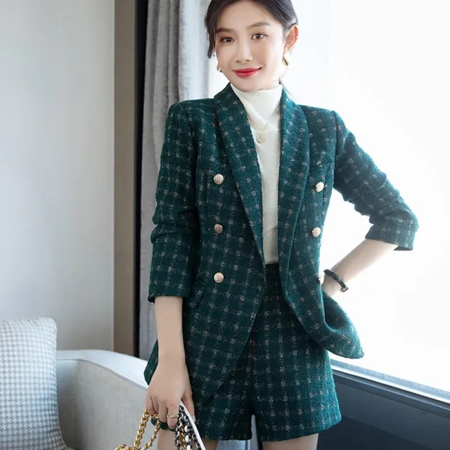 【米蘭精品】現貨+預購 西裝套裝兩件套(格子外套短褲小香風女職業西裝3色74ct30)