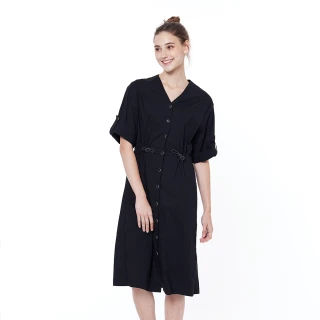 【NAUTICA】女裝抽繩個性七分袖洋裝(黑)