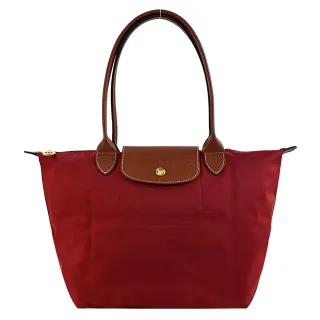 【LONGCHAMP】LE PLIAGE系列長把再生尼龍摺疊水餃包(中/夕陽紅)