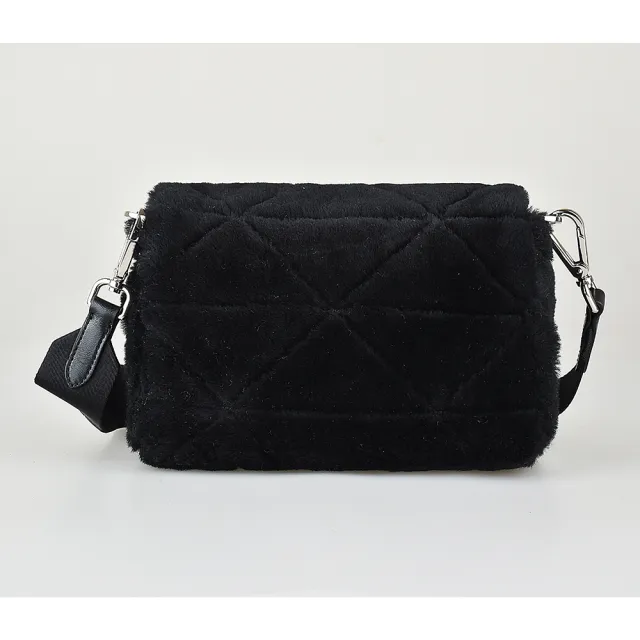 【PRADA 普拉達】PRADA經典三角LOGO三角絎縫設計羊毛皮草翻蓋磁扣式斜背包(黑)