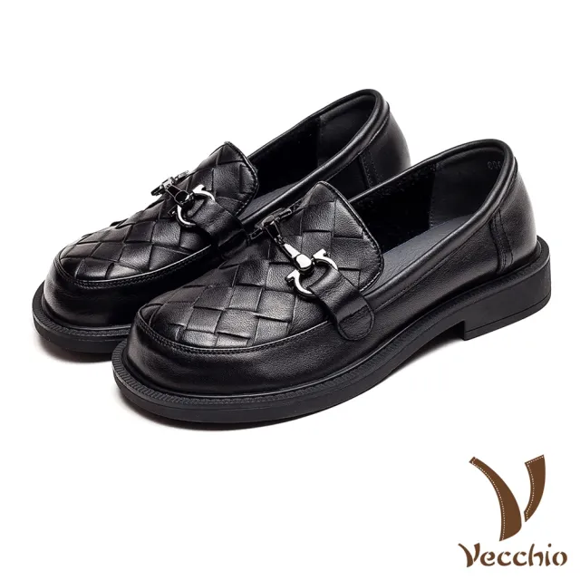 【Vecchio】真皮樂福鞋 交叉樂福鞋/真皮頭層牛皮經典馬銜扣交叉編織圓頭造型樂福鞋(黑)