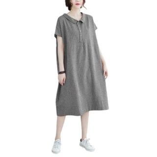 【米蘭精品】連身裙棉麻洋裝(娃娃領格紋寬鬆休閒女裙子2色74cs7)