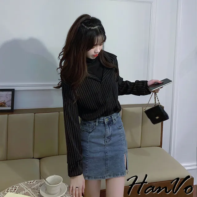 【HanVo】現貨 學院風假兩件高領襯衫長袖上衣(百搭寬鬆顯瘦修身襯衫上衣 韓國女裝 女生衣著 A02-1836)