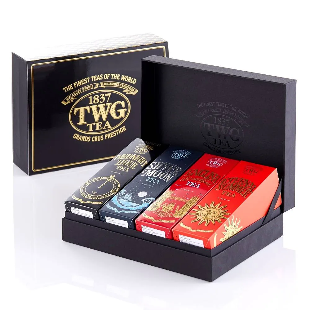 【TWG Tea】時尚茶罐四入禮盒組 午夜時光之茶100g+銀月綠茶100g+英式早餐茶100g+盛夏緋紅120g