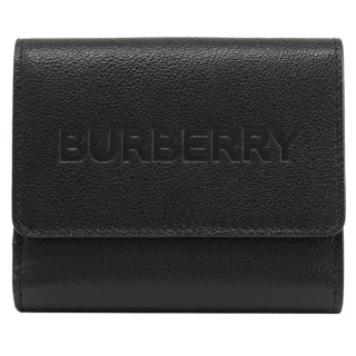 【BURBERRY 巴寶莉】經典品牌烙印LOGO小牛皮雙面扣式零錢短夾(黑)