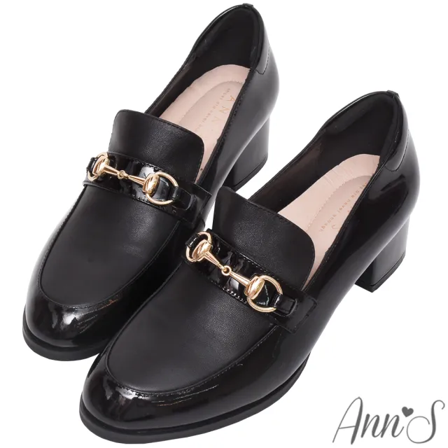 【Ann’S】質感拼接小羊皮金釦粗跟樂福鞋 4.5cm(漆皮黑)