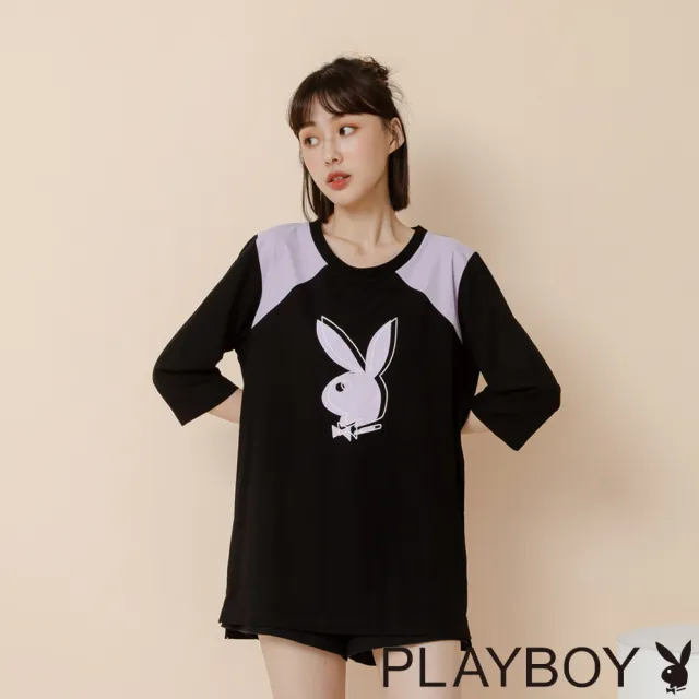 【PLAYBOY】肩膀拼紫撞色上衣(黑色)